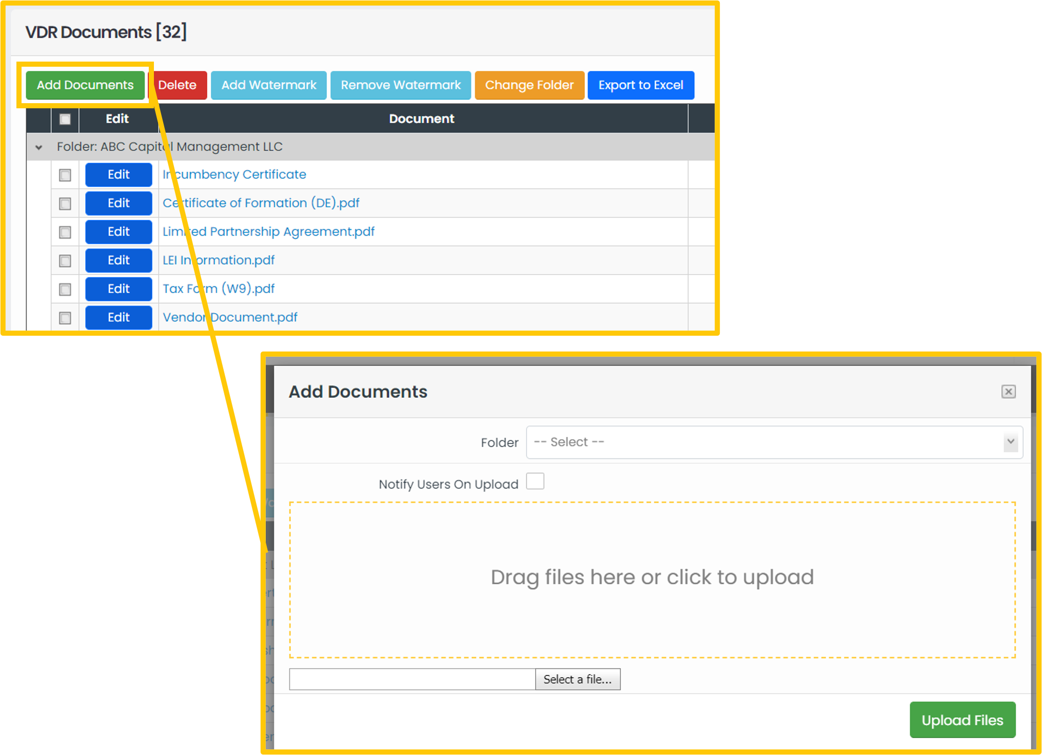 virtual data room add documents